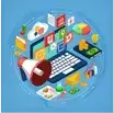 Visualizing a social media marketing campaign with icons representing various social media platforms and engagement metrics.
                                                        